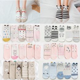 Women Socks 5 Pairs Of Harajuku Style Cute Animal Pattern Cat Korean Happy Kawaii Invisible Print Ladies