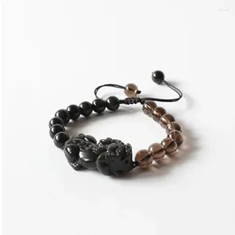 Link Bracelets Wholesale Chinese Traditional Pixiu Dragon Black Obsidian With Smoky Crystal Beads Mens Bracelet Lucky Jewelry Adjustable