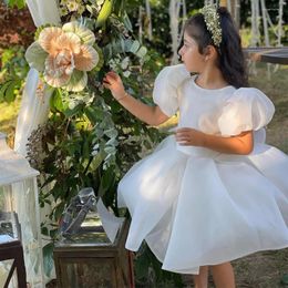 Girl Dresses Flower Dress White Short Puff Sleeves Knee Length Ball Gown Gowns For Weddings Bow Belt Backless Party