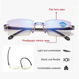 Sunglasses Men Women Rimless Reading Glasses Anti Blue Light Bifocal Far Near Magnification Eyewear Presbyopic 150 200