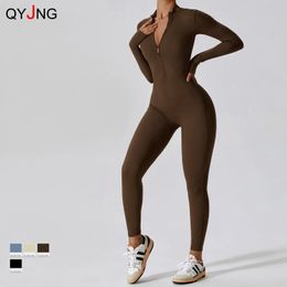 Fashion Zipper Long Sleeve Fitness Overalls Women Sportswear Quick-dry Gym Yoga Jumpsuit Black Sport Set Women Outfit 240229