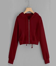 Fitshinling Zipup autumn winter women hoodies pockets slim crop jacket female clothes drawstring white sexy hoody cotton coats3471677