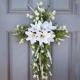 Decorative Flowers Wreaths And Garlands Cross Wreath Artificial Easter Hanging Decorations For Farmhouse Front Door Porch Wall