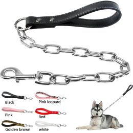 Leashes Durable Dog Chain Leash Small Large Dogs Walking Lead Rope Collar Harness Leashes With Leather Handle Golden Colour Pet Supplies