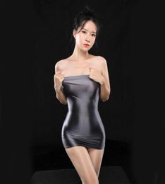 Plus Size Oil Glossy Sheer Micro Mini Dress See Through Bodycon Sexy Tight Pencil Cute Smooth Bandage Candy Color 15 Casual Dresse4017584
