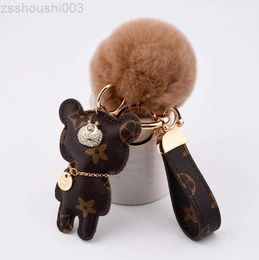 Fashion keychain Cute bear Print Pattern PU leather keychains Car Accessories Key Ring Lanyard Wallet Chain Rope setFMOD