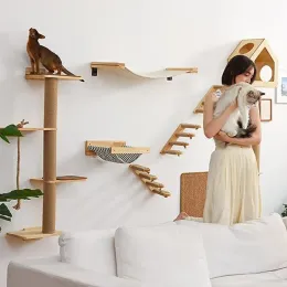 Scratchers Wall Mounted Cat Shelves and Four Steps Ladder Wall Wooden Sisal Bed Hammock Jumping Platform for Cat Playing and Sleeping