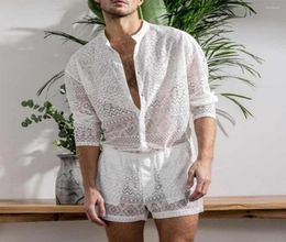 Gym Clothing Thin 1 Set Trendy See Through Crochet Shirt Shorts Male Men Outfit Stand Collar For Wedding Night9548364