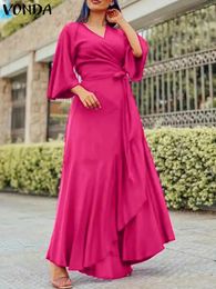 VONDA Elegant Satin Maxi Dress Fashion Women Belted Ruffle Long Sundress Sexy V Neck Solid Colour Casual Party Robe Oversize 240226