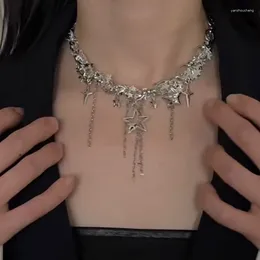 Pendant Necklaces Korean Fashion Shiny Rhinestone Star Pentagram Charms Necklace Bling Crystal Chain Tassel Choker For Women Wedding Jewelry