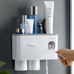 Holders 1set Bathroom Toothbrush Holder Wall Mounted Bathroom Storage Rack Double Automatic Toothpaste Dispenser with Cups
