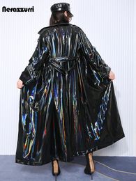 Nerazzurri Autumn Extra Long Black Holographic Shiny Reflective Stretchy Soft PVC Leather Trench Coat for Women European Fashion 240222