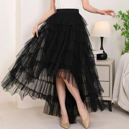 Skirts 2024 Women's Maillard Style Color Block Long Half Length Elegant High Waist Irregular Multi-layer Mesh Cake Skirt