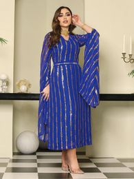 Ethnic Clothing Polka Dots Printed Dress For Women Muslim Long Sleeve Ramadan Lace-up Abaya Kaftan Robes Islamic Party Dresses Eid Jalabiya