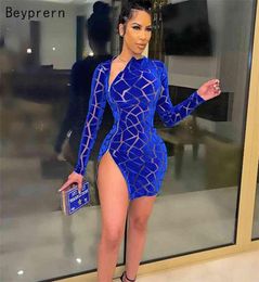 Beyprern Chic Zipped Mini DressRoyal Blue Womens Long Sleeve Side Slit Skinny Velvet Short Party Dress Birthday Outfits 2109153251127