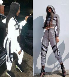 Women039s Pants Capris Women Fashion Streetwear Reflective Tracksuit 2 Piece Set Crop Top Summer Cool Hooded Cargo Reflective8536974