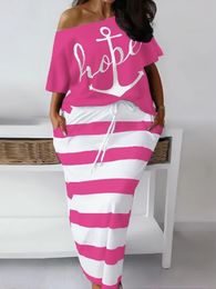 Plus Size Casual Outfits Set Womens Anchor Letter Print Short Sleeve Tshirt Strip Slim Fit Skirt 2pcs Women Plu 240220
