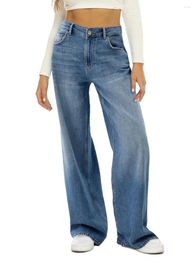 Women's Jeans Denim Wide Leg Straight Pants Casual Party Street Solid Colour High Waisted Loose Side Pockets