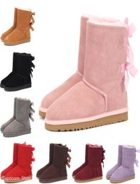 kids Bailey 2 Bows Boots Genuine Leather toddlers Snow Boots Solid Botas De nieve Winter Girls Footwear Toddler Girls Boots4710156