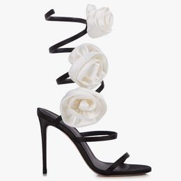2024 Women's Summer Fashion Flower Entangled Slim High Heel Sandals European and American Sexy Stage Show Shoes Banquet Shoes Women's Wedding Shoes