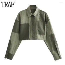 Women's Blouses TRAF Nylon Cropped Shirts For Women Patchwork Oversize Shirt Woman Snap Button And Long Sleeve