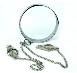 New Stainless Steel Neck Ring Collar Restraint with Nipple Clips Clamps Stretching Stimulator Breast Bondage Pins Locking BDSM Sex1764906