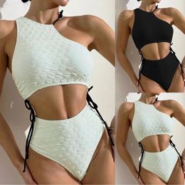 Women's Swimwear Women Fashion Solid Color Split Bathing Suits Asymmetrical High Waist Drawstring Lace Up Backless 2 PC Beachwear