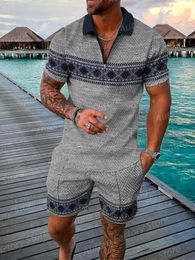 Summer Simple Retro Style Short Sleeved Polo Shirt Beach Shorts 2 Piece Sets Tracksuit Mens 3D Printed Casual Sports Suit 240229