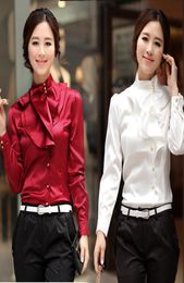 Design Women Chiffon Blouse Feminine OL Formal Ruffle Puff Sleeve Royal Satin Tops Female Long Sleeve Shirt Plus Size 3XL Woman7988981