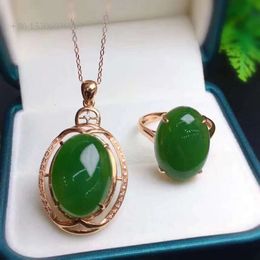 SGARIT Gioielli popolari in oro Ciondolo in giada con pietra verde naturale e anello con pietre preziose di diaspro