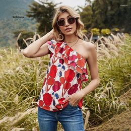 Women's Blouses Women Summer Sexy Floral One Shoulder Top Kawaii Ladies Red Tiered Ruffle Open Back Flower Print Blouse