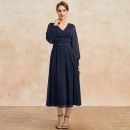 Navy Blue Mother of the Bride Dress V-neck Beading Full Sleeve Tea-Length Chiffon Women Wedding Guest Groom Gowns 2024 Robe De Soiree