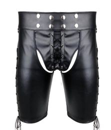 Sexy Men Panties Faux Leather Side Laceup Bondage Harness Pants Gothic Lingerie Open BuOpen Cortch Shorts Gay Fetish Underwear8987655