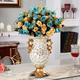 Vases European Diamond Fruit Plate Vase Fake Flower Resin Accessories Home Livingroom Figurines Crafts Coffee Table Ornaments Decor