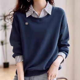 Womensspring Autumn Striped Patchwork Pullover Turndown Collar Solid Rivet Button Long Sleeve Tshirt Hoodies Sports Tops 240223