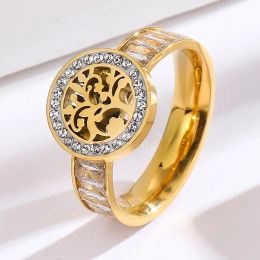 Classic Square Crystal Life Tree Hollowed Out Clay Zircon 14k Yellow Gold Ring For Men And Women