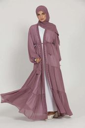 Ethnic Clothing Muslim Maxi Dress Chiffon Cardigan Robe Femme Solid Colour Abayas For Women Islamic Dubai Beading Mubarak Prayer Clothes