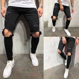 2019 jeans da uomo con piercing al ginocchio di alta strada con cerniera per giovani leggings elastici slim J