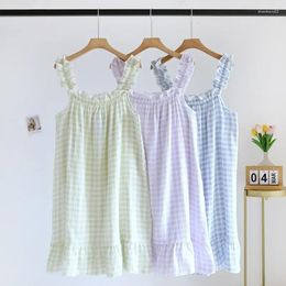 Women's Sleepwear 2024 Wear Sleeveless Fitting Gauze Nightgowns Dress For Suspender Cotton Night Pajamas Summer Loose Plaid Sleepdress Home