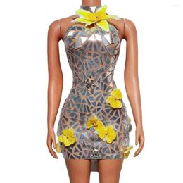 Stage Wear Mirror Sequins Shinning Backless Sexy Mini Dress For Women Birthday Night Club Las Vegas Showgirl Pography Outwear