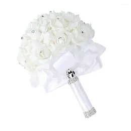 Decorative Flowers Holding Bridesmaid Fake Artificial Bouquet Wedding Hand Bridal Silk Roses Ribbon White Bouquets For