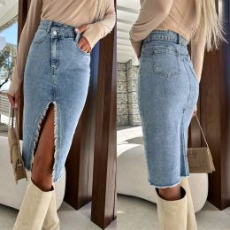 Skirt Women Spring Summer Denim Skirts High Waist Bodycon Jeans Skirt Ladies Knee Length Casual Skirts