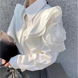 Women's Blouses Chic 3D Flowers Sleeve Ruffle Edge Shirts Long Lotus Bubble Chiffon Floral Cardigan Crop Tops Blusas Mujer 2024