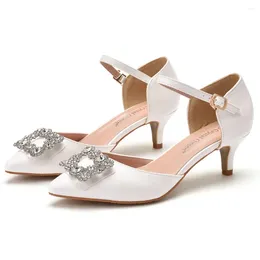 Dress Shoes Female Sandal Comfort For Women Clear Heels Med Buckle Large Size Girls Stiletto Low Rhinestone Fashion Beige Pointed Medi