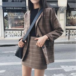 Retro Plaid Blazer Set Singlebreasted Jacket Pencil Skirt 2 Pieces Suit Female Office Ladies 240226