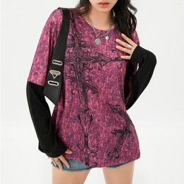 Women's T Shirts Grunge Gothic Tops Patchwork Long Sleeve Crewneck Print Loose T-shirt Streetwear Punk Style Pullover Basic Tees