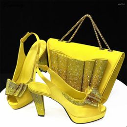 Dress Shoes Arrival Crystal Yellow Colour And Bag To Match Set Italian Elegant Women High Heels For Party