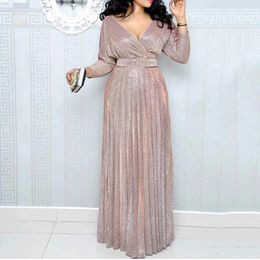 Elegant Party Dresses For Women Low Cut Sequined Gown Dress With Belt Nine Point Sleeve Ruffle Hem Flowy Long Plus Size 240226