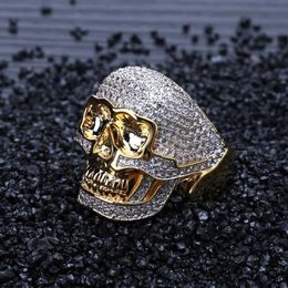 Hip Hop Copper Two Tone Skull Ring Iced Out Micro Paved Cubic Zircon Punk Fahion Ring for Men Women240k
