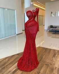 プラスサイズアラビア語aso ebi Red Mermaid Sparkly Promドレススパンコールレースイブニングパーティー2番目のレセプション誕生日婚約ガウンドレス